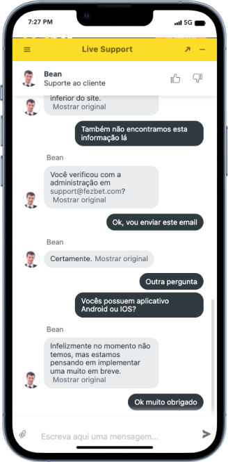 Tela de chat ao vivo, suporte ao cliente, na FezBet